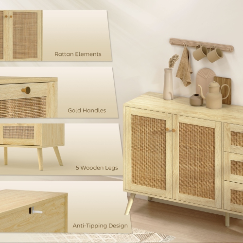 HOMCOM Rattan Sideboard Buffet Cabinet with Soft-Close Doors, 47" Boho Coffee Bar Cabinet with 3 Drawers and Adjustable Shelf, Kitchen Credenza with