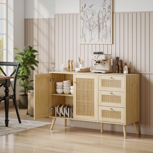 HOMCOM Rattan Sideboard Buffet Cabinet with Soft-Close Doors, 47" Boho Coffee Bar Cabinet with 3 Drawers and Adjustable Shelf, Kitchen Credenza with