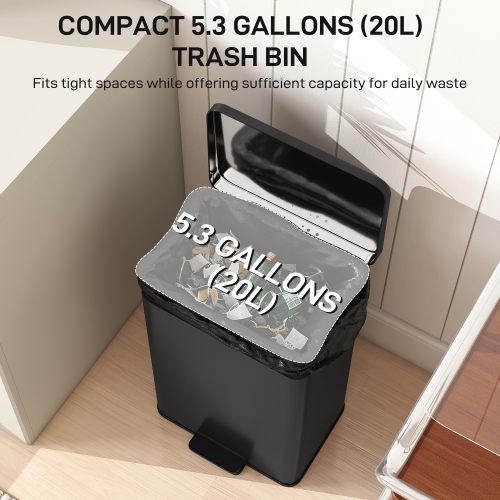 HOMCOM Kitchen Garbage Bin, 5 Gallon Trash Can with Foot Pedal, Soft-Close Garbage Can with Removable Inner Buckets, Fingerprint-Proof for Kitchen,