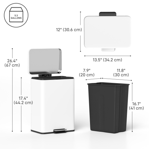 HOMCOM Kitchen Garbage Bin, 5 Gallon Trash Can with Foot Pedal, Soft-Close Garbage Can with Removable Inner Buckets, Fingerprint-Proof for Kitchen,