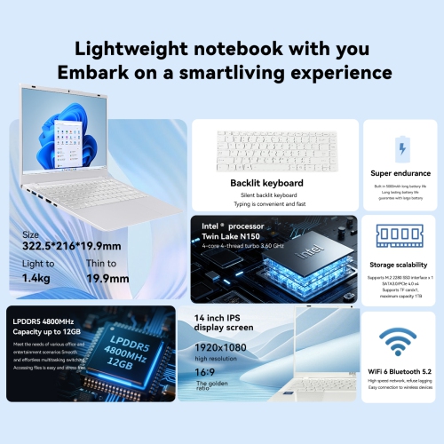 BREB 14-inch Laptop | Intel N150 Processor | 12GB RAM and 256GB SSD | Full HD IPS Screen | Backlit Keyboard | 5000mAh Battery | Wi-Fi 6 | Bluetooth