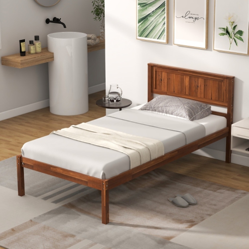 Sturdy Bed Frame with Wood Headboard and Slatted Foundation