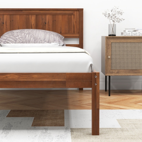 Sturdy Bed Frame with Wood Headboard and Slatted Foundation