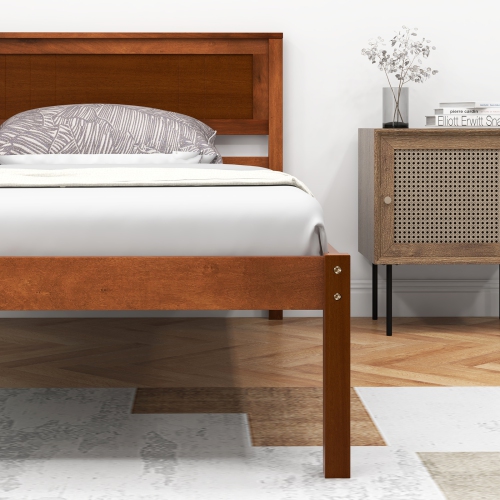 Sturdy Bed Frame with Wood Headboard and Slatted Foundation
