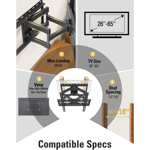 TV Wall Mount for Most 32-65" Flat Screen TVs, Full Motion TV Mount with Dual Swivel Articulating Arms, Easy for TV Centering, Max VESA 400x400mm, 99