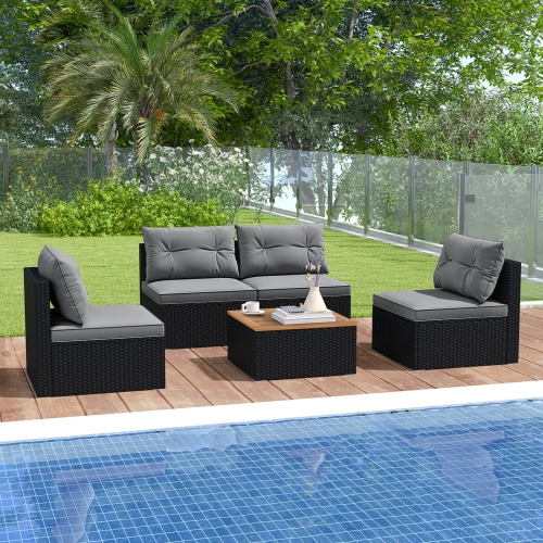 Costway 5 Piece Outdoor Furniture Set with Seat & Back Cushions Acacia Wood Tabletop