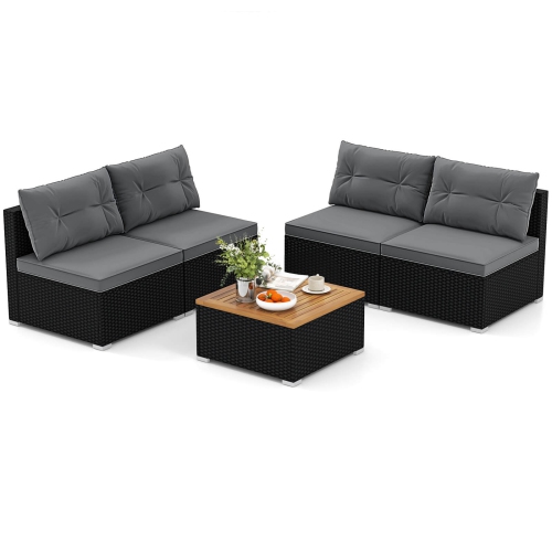 Costway 5 Piece Outdoor Furniture Set with Seat & Back Cushions Acacia Wood Tabletop