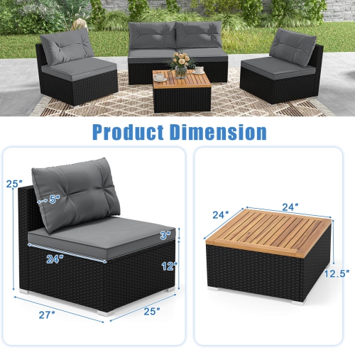 Costway 5 Piece Outdoor Furniture Set with Seat & Back Cushions Acacia Wood Tabletop