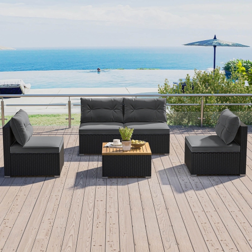 Costway 5 Piece Outdoor Furniture Set with Seat & Back Cushions Acacia Wood Tabletop