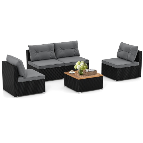 Costway 5 Piece Outdoor Furniture Set with Seat & Back Cushions Acacia Wood Tabletop