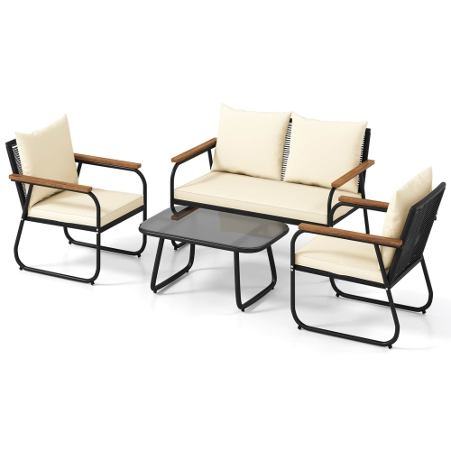 Costway 4/8 PCS Patio Furniture Set with Tempered Glass Coffee Table PE Wicker Rattan Chairs