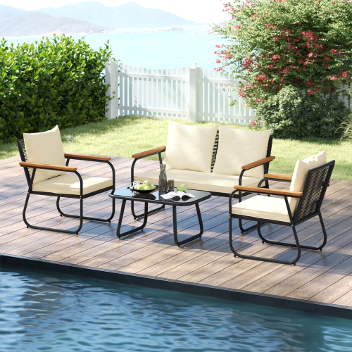 Costway 4/8 PCS Patio Furniture Set with Tempered Glass Coffee Table PE Wicker Rattan Chairs