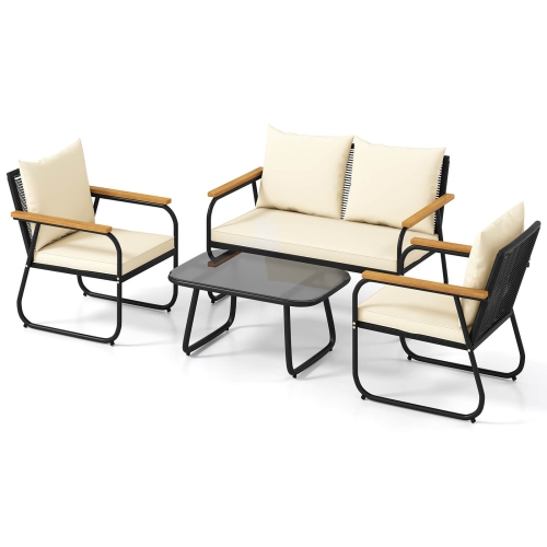 Costway 4/8 PCS Patio Furniture Set with Tempered Glass Coffee Table PE Wicker Rattan Chairs