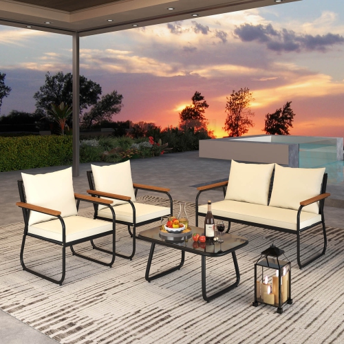 Costway 4/8 PCS Patio Furniture Set with Tempered Glass Coffee Table PE Wicker Rattan Chairs