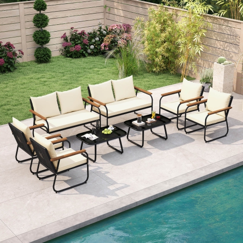 Costway 4/8 PCS Patio Furniture Set with Tempered Glass Coffee Table PE Wicker Rattan Chairs