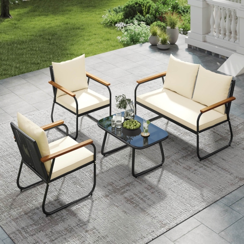 Costway 4/8 PCS Patio Furniture Set with Tempered Glass Coffee Table PE Wicker Rattan Chairs