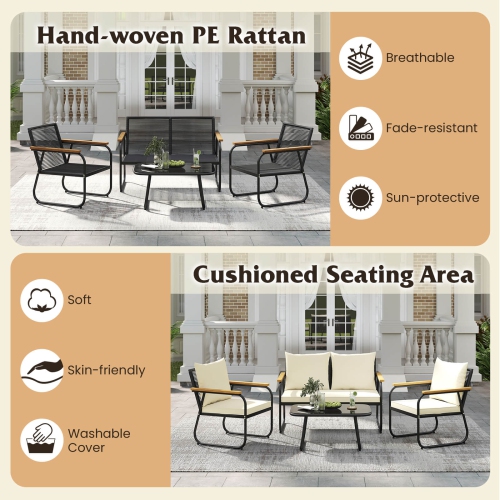 Costway 4/8 PCS Patio Furniture Set with Tempered Glass Coffee Table PE Wicker Rattan Chairs