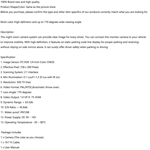 170° Car Rear View Reverse CDD Backup Parking Camera CMOS Night White