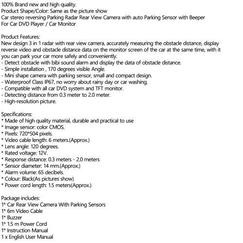 Sound Alarm + Parking Sensor Radar + Car Rear View Camera 3 in 1 Park System Kit