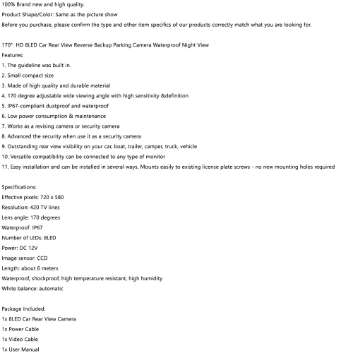 170º Car Rear View Reverse Backup Parking Camera Waterproof Night View HD CMOS