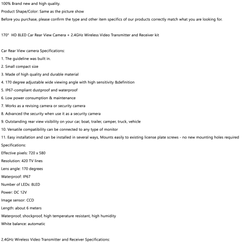 170º Car Rear View Reverse Backup Parking Camera Waterproof Night View HD CMOS