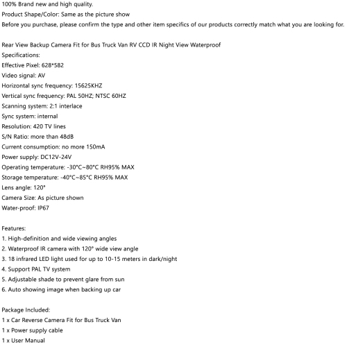 Car Van Truck Bus Rear View Reverse 18 Led Ir Reversing Camera 12-24V Waterproof