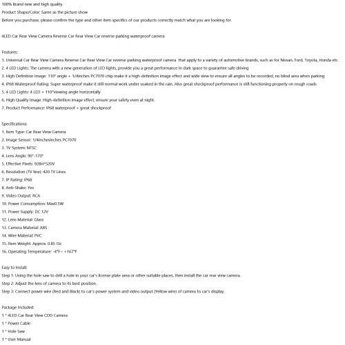 Car Backup Camera Rear View Reverse 170 Degrees Waterproof 4 LED CCD Night View