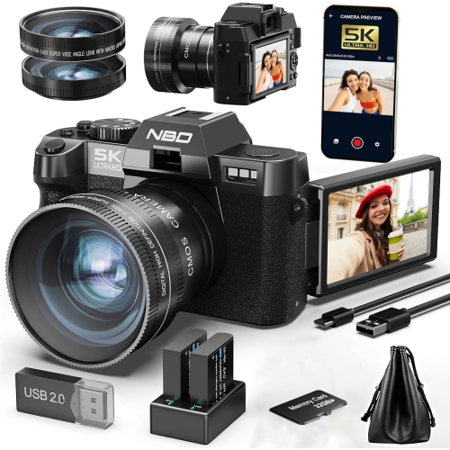5K Digital Cameras for Photography,48MP Camara Fotograficas,Travel Vlogging Cameras for YouTube with 16X Digital Zoom,180°Flip Screen,52mm Macro