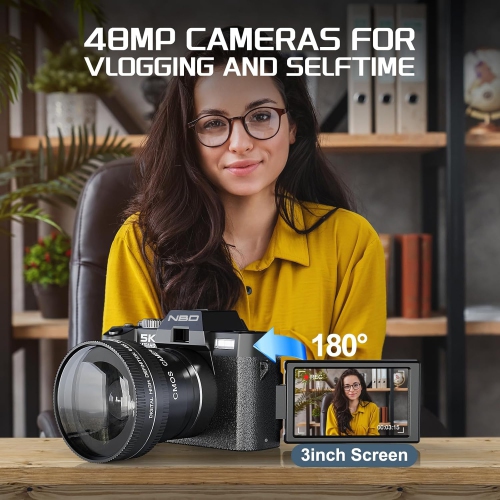 5K Digital Cameras for Photography,48MP Camara Fotograficas,Travel Vlogging Cameras for YouTube with 16X Digital Zoom,180°Flip Screen,52mm Macro