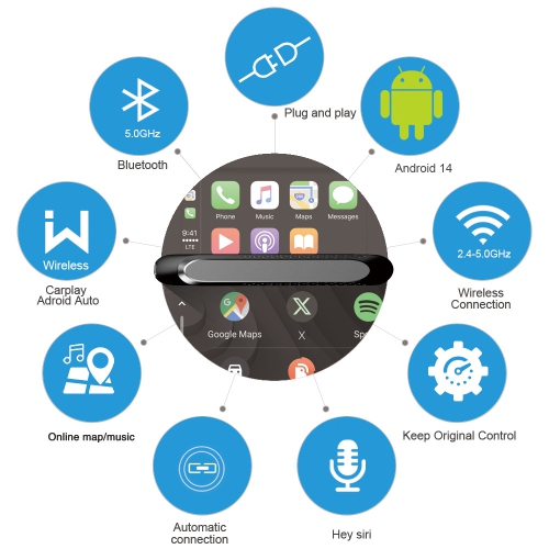 4+64&nbsp;Go CarPlay Boîte adaptative Android, commande d'écran de voiture d'origine + assistant vocal, pas besoin de désassembler et de brancher,