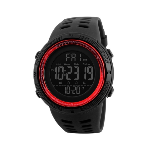Multifunctional digital sports watch - dual time zone display, stopwatch, date, day of the week; student watch; large dial - black case with red bezel