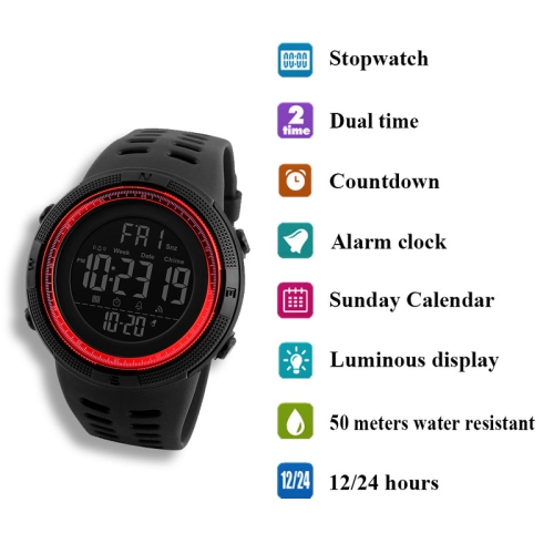 Multifunctional digital sports watch - dual time zone display, stopwatch, date, day of the week; student watch; large dial - black case with red bezel