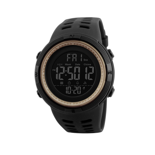 Multifunctional digital sports watch - dual time zone display, stopwatch, date, day of the week, student watch, large dial - black case with brown