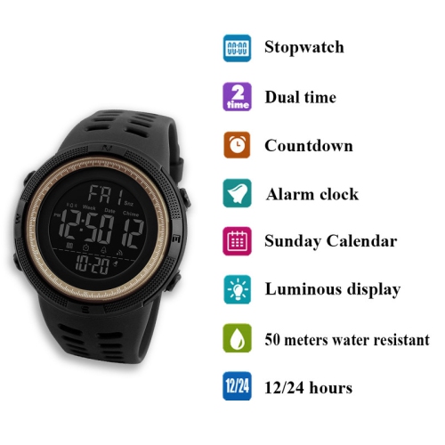 Multifunctional digital sports watch - dual time zone display, stopwatch, date, day of the week, student watch, large dial - black case with brown