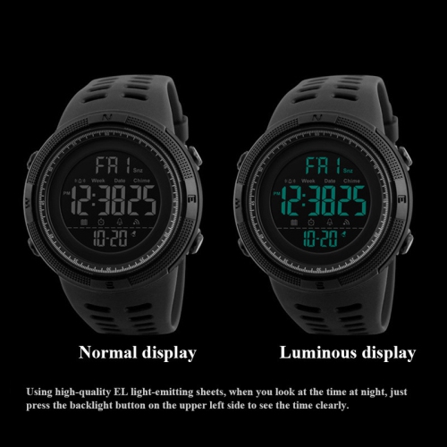 Multifunctional digital sports watch - dual time zone display, stopwatch, date, day of the week, student watch, large dial - black case with brown