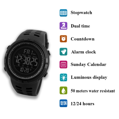 Multifunctional digital sports watch - dual time zone display, stopwatch, date, day of the week, student watch, large dial - black case with black