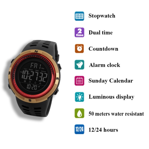Multifunctional digital sports watch - dual time zone display, stopwatch, date, day of the week, student sports watch, large dial - brown case with