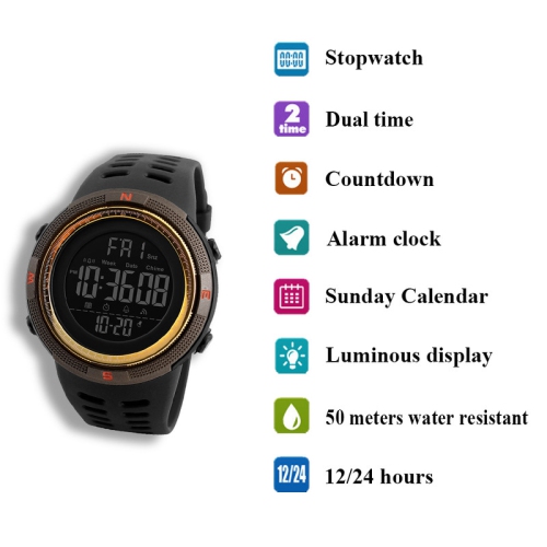 Multifunctional digital sports watch - dual time zone display, stopwatch, date, day of the week, student watch, large dial - black case with brown