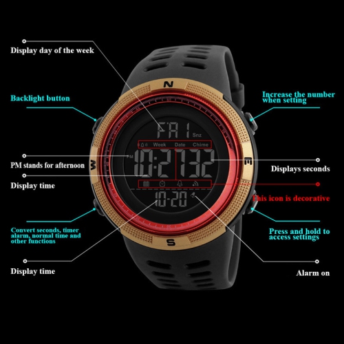 Multifunctional digital sports watch - dual time zone display, stopwatch, date, day of the week, student watch, large dial - black case with brown
