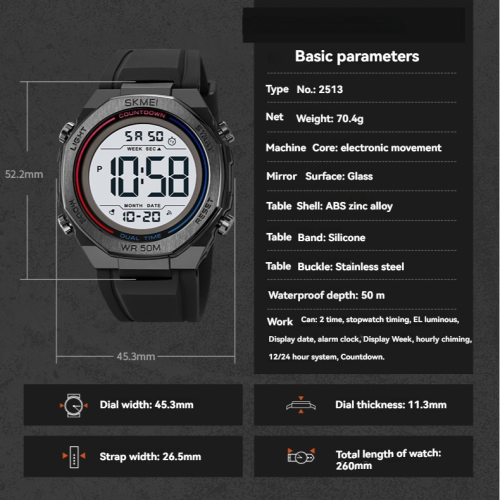 Montre électronique étudiante, réveil multifonction, étanche, diamètre 45,3 mm, lumière électroluminescente, montre sport en silicone pour