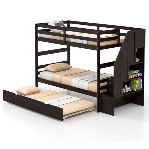 Wooden Bunk Bed with Guardrail, 4-Step Storage Stairs, No Box Spring Needed