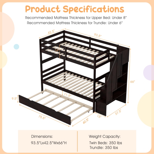 Wooden Bunk Bed with Guardrail, 4-Step Storage Stairs, No Box Spring Needed