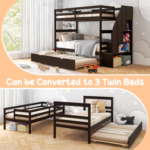 Wooden Bunk Bed with Guardrail, 4-Step Storage Stairs, No Box Spring Needed