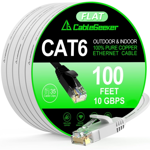 Cat 6 Ethernet Cable 100ft - High Speed 10Gbps, Indoor&Outdoor, Slim Flat Design, Supports Cat7 Network - for Router, Modem, PS4/5, Xbox