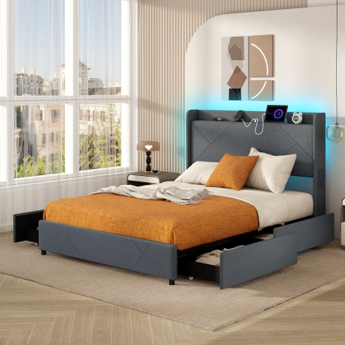 Modern Bed Frame with LED Headboard and USB Charging Ports
