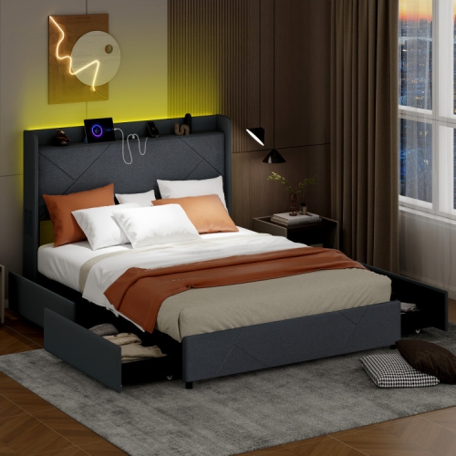 Modern Bed Frame with LED Headboard and USB Charging Ports