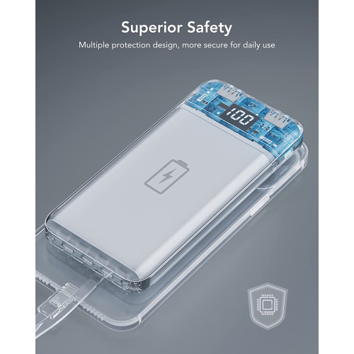 Power Bank with Built-in Cables, 10000mAh USB-C Battery Pack 6 Outputs 2 Inputs with LED Display Type C Powerbank Portable Charger Compatible with