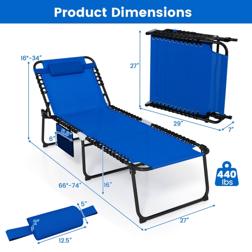 Chaise longue pliante surdimensionnée 1 PCS de Costway avec dossier réglable, pochette coussin amovible bleu marine