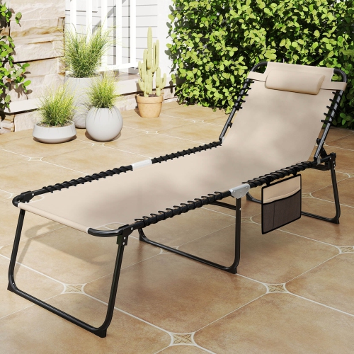 Costway 2 PCS Oversize Folding Chaise Lounge with Adjustable Backrest Pillow Pocket Beige