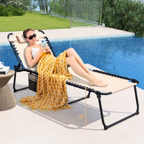 Costway 2 PCS Oversize Folding Chaise Lounge with Adjustable Backrest Pillow Pocket Beige